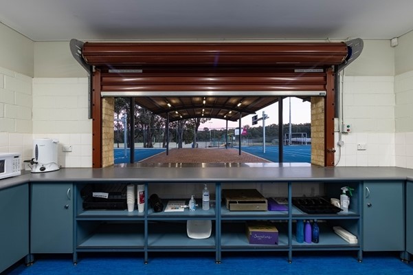 Mundaring Hard Courts and Kiosk - inside the kiosk looking at courts